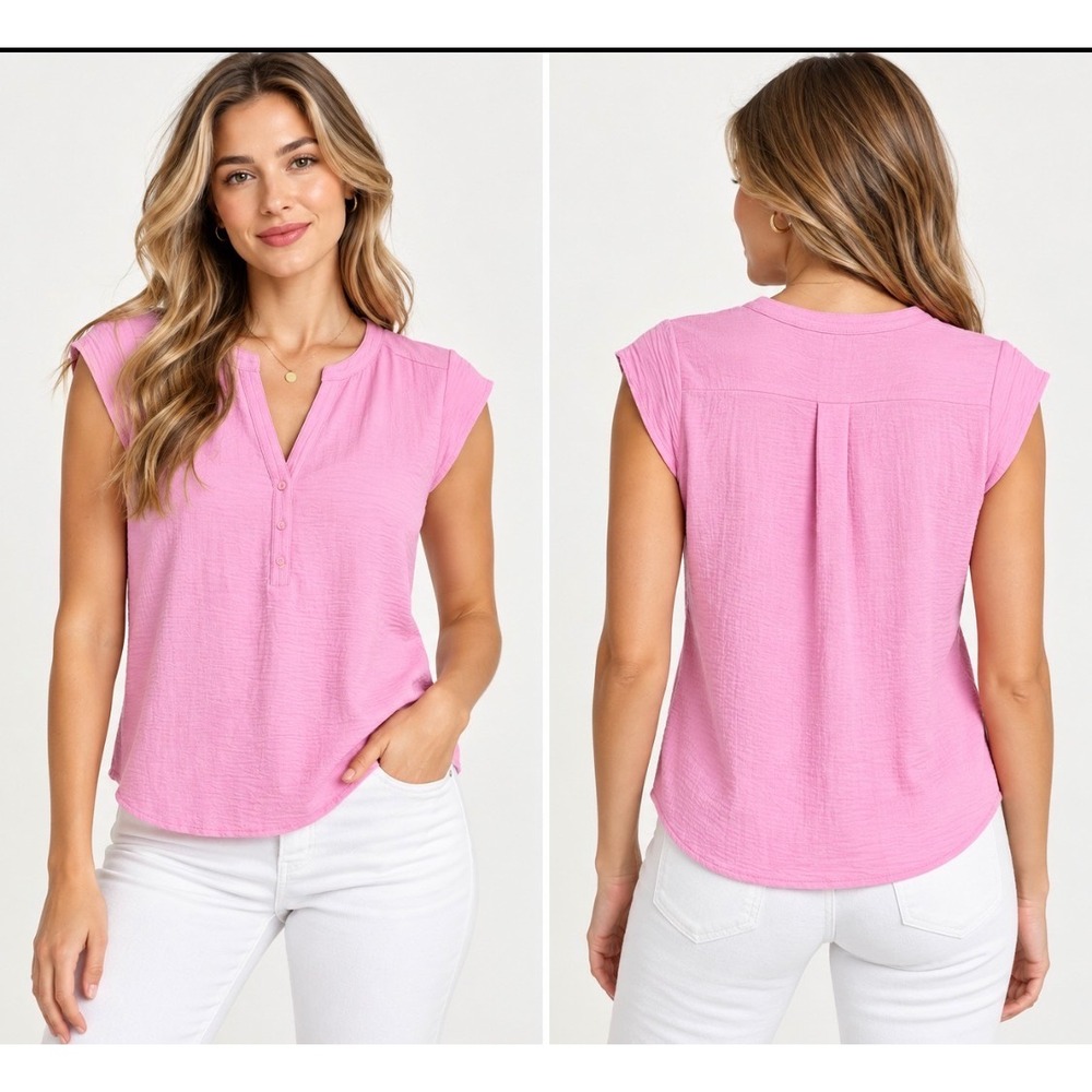 Maison d'Amélie Paris Pink Sleeveless Henley Blouse Women's Medium Top